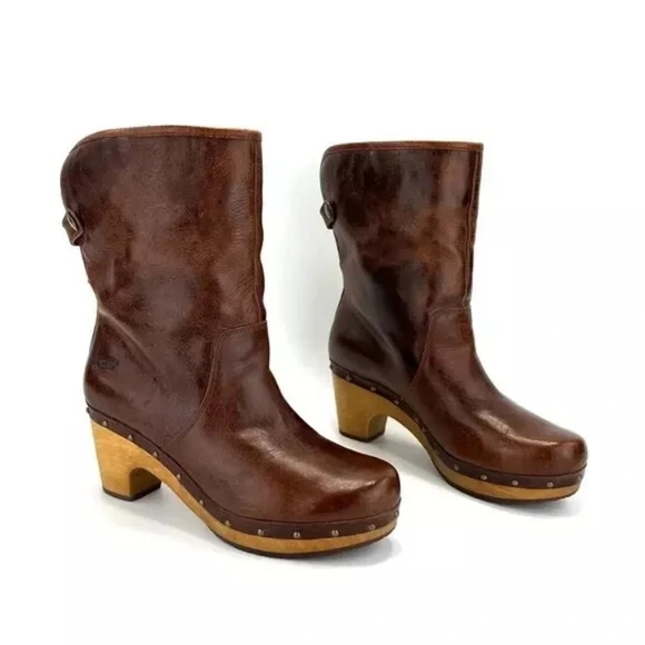 UGG AUSTRALIA "LYNNEA" BROWN LEATHER SHEARLING LINING WOOD CLOG BOOTS size5 - Picture 14 of 16